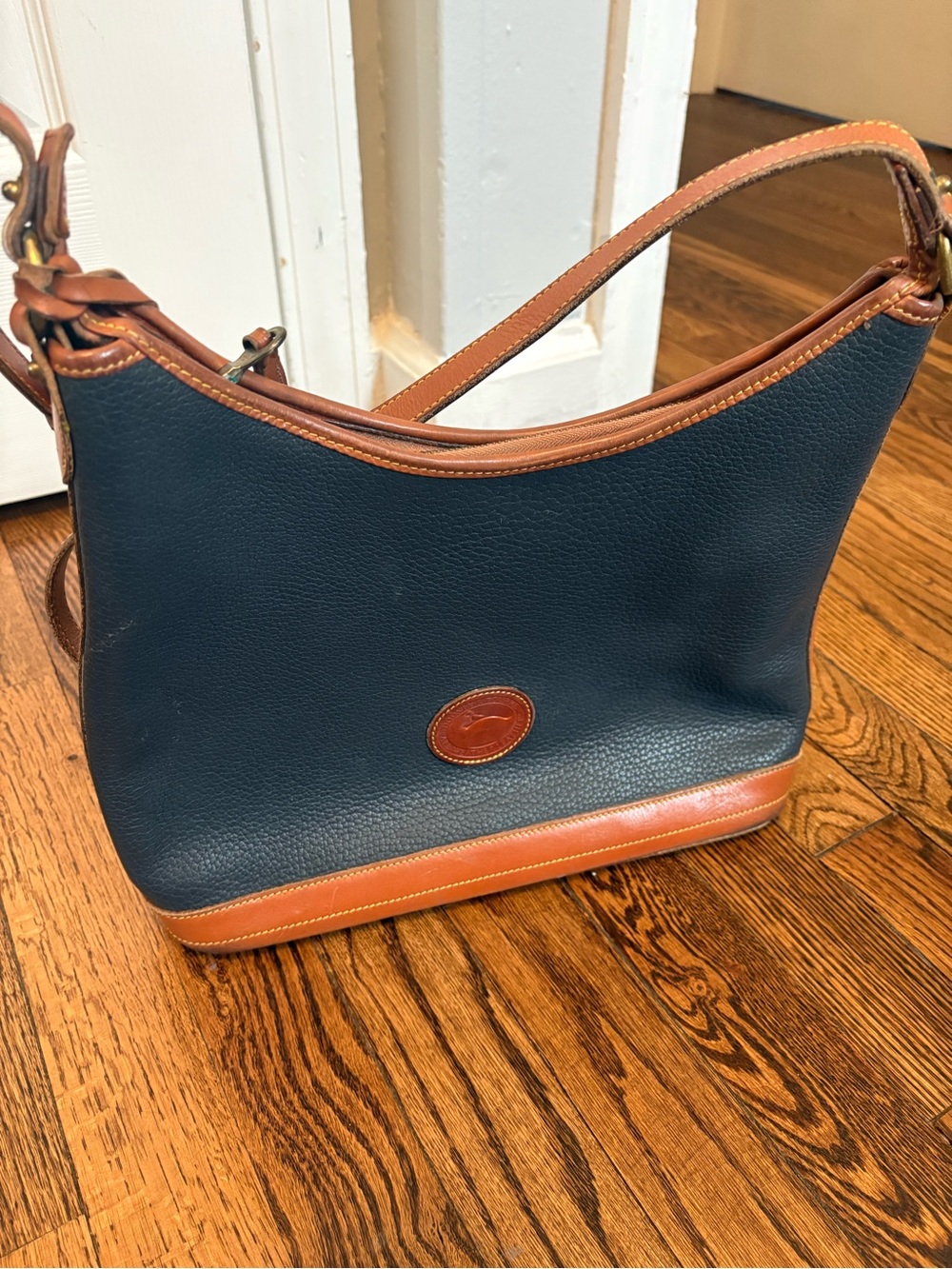 Dooney & Bourke Vintage Navy Blue Pebbled Leather Hobo Shoulder Bag Tan Trim